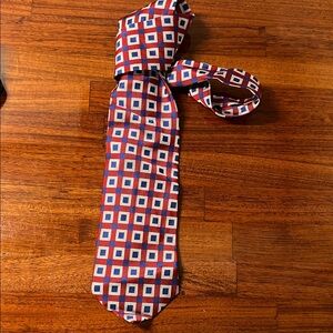 Robert Talbott Red Geometric Tie with Blue and White Squares